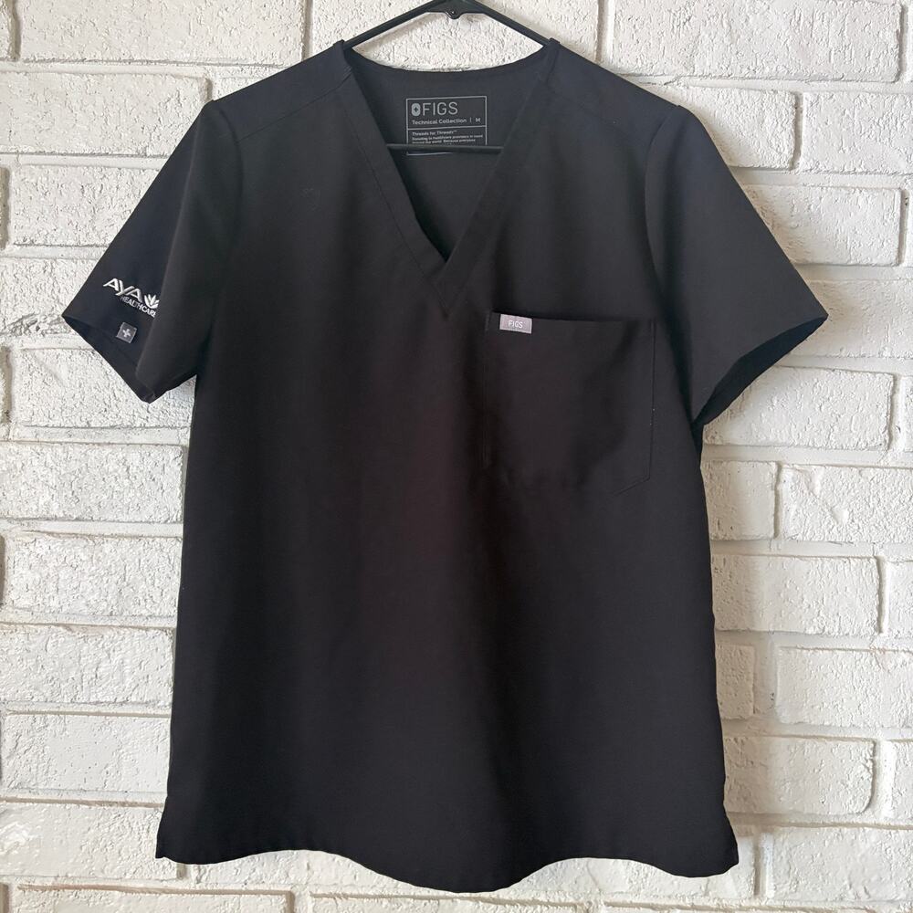 FIGS Technical Collection Unisex M Black VNeck Catarina Scrub Top Aya Healthcare